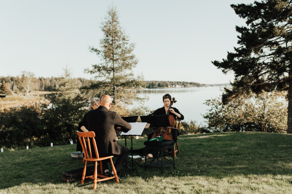 A wedding string quartet provides wedding ceremony music.